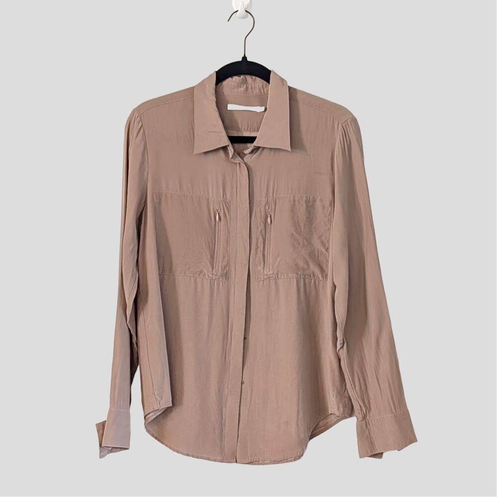 Elaine Kim 100% Silk Utility Blouse M Mauve Hidden Snap Closure Quiet Luxury
